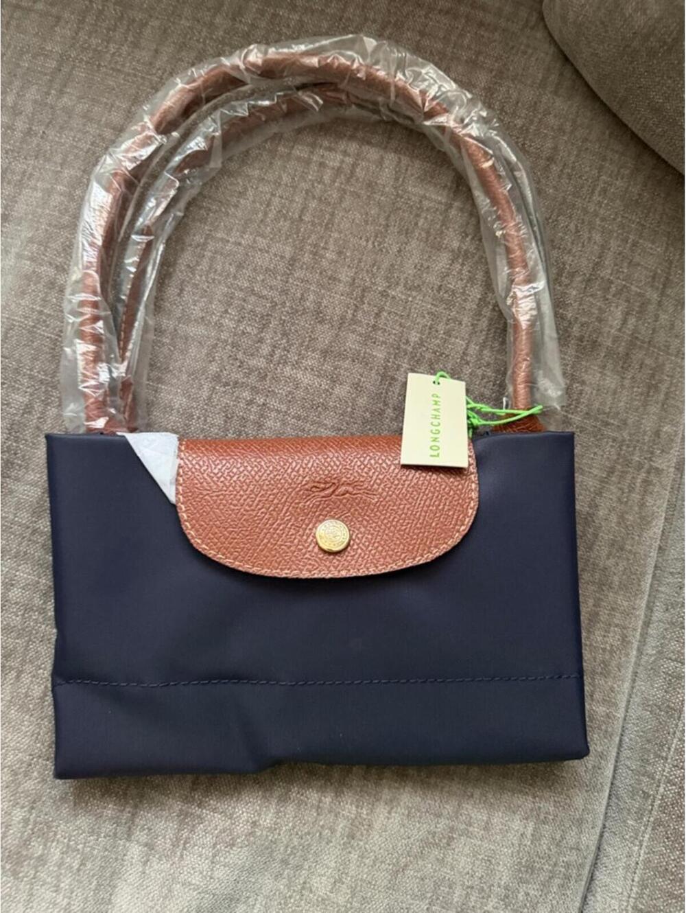 Longchamp Le Pliage Medium Tote Navy Brown Leather Handle Classic Everyday Bag